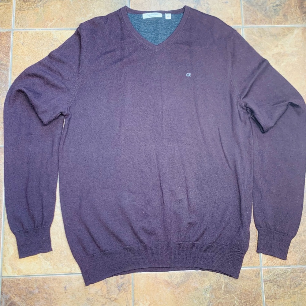 Calvin Klein Italian Merino Purple V-Neck Sweater Classic Knit